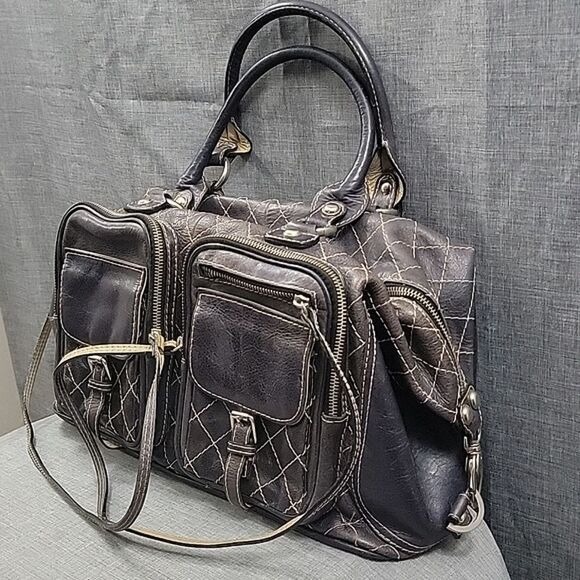 Serpui Marie RARE Brown Leather Duffle Shoulder Bag Cross Stitch, Double Handle - Picture 4 of 14